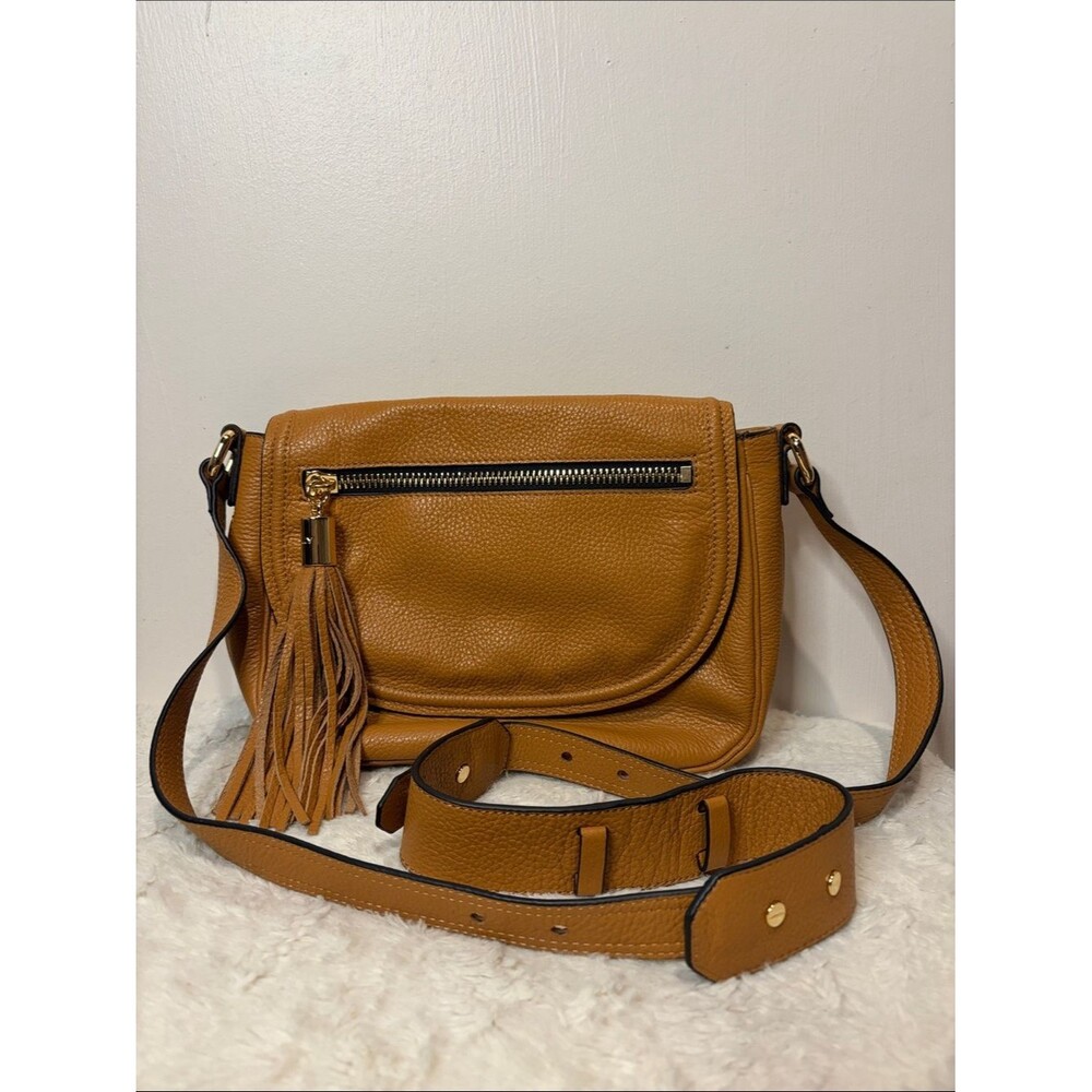 Milly Astor Saddle Crossbody Bag Pebbled Leather Fringe Tassel Tan Studded Strap